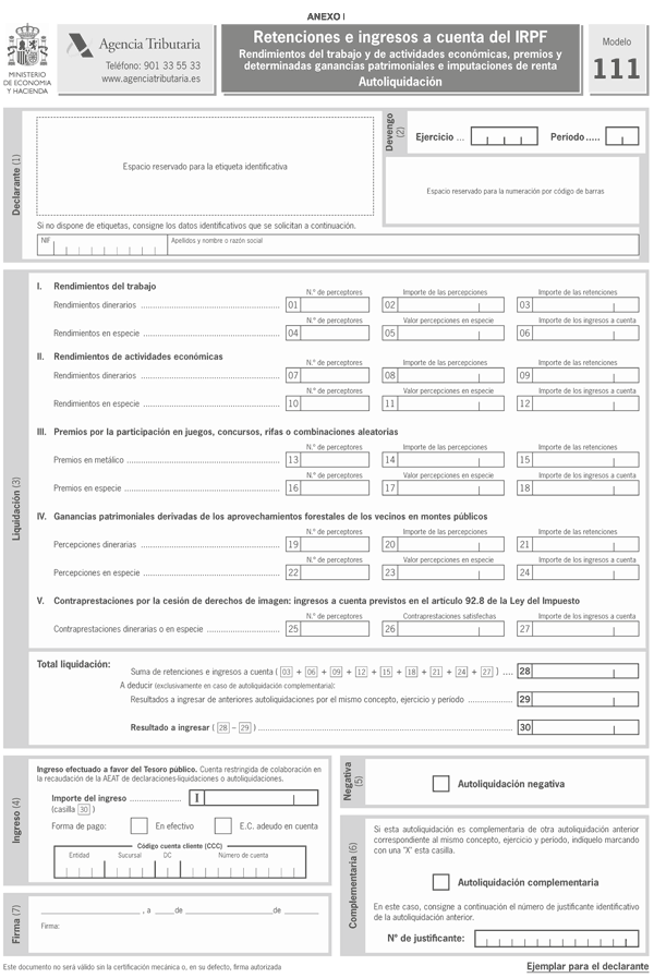 Modelo 111, ejemplar para el declarante