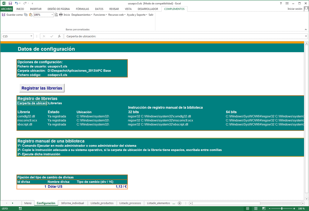 Escandallos de productos o servicios; Configuracion general