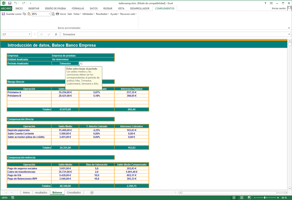 Balance y Cuenta Resultados Banco Empresa; Balance banco empresa